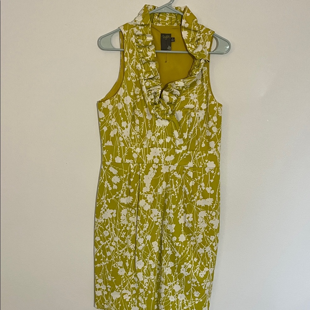 Taylor Yellow Floral Ruffle-Neck Midi Dress